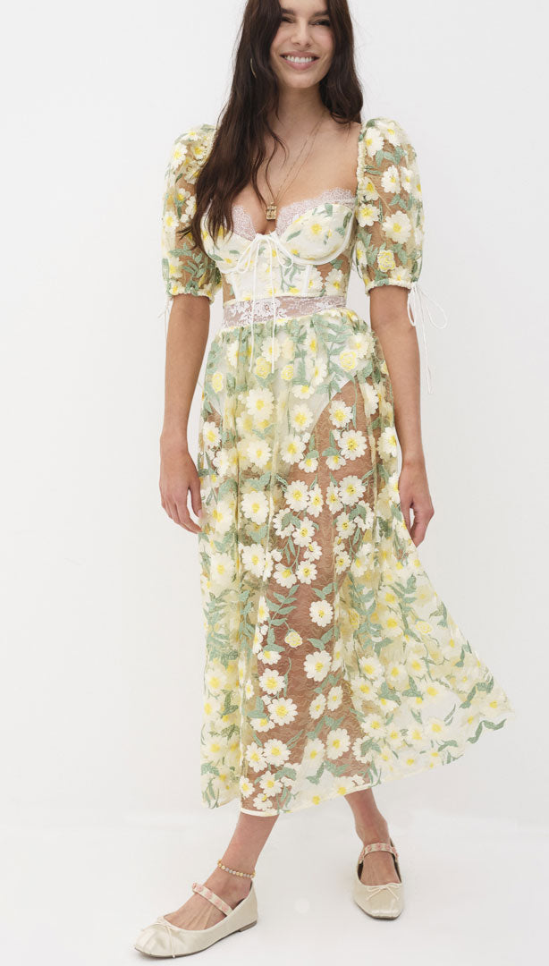 For Love & Lemons Rosanna Semi-Sheer Tulle Midi Dress