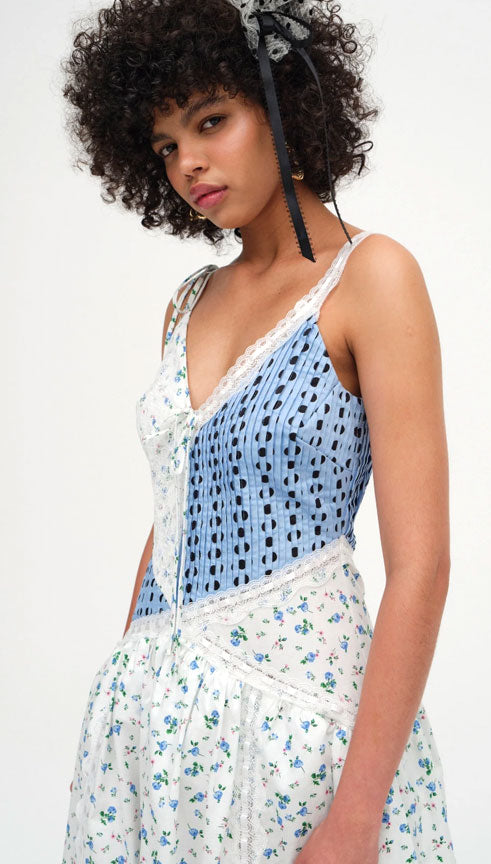 for love and lemons blue midi dress For Love and Lemons Colby Patchwork Midi Dress