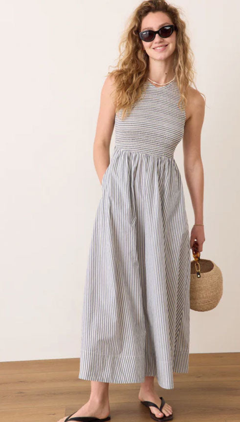darcy midi dress Marine Layer Darcy Poplin Smocked Dress Navy Stripe / M