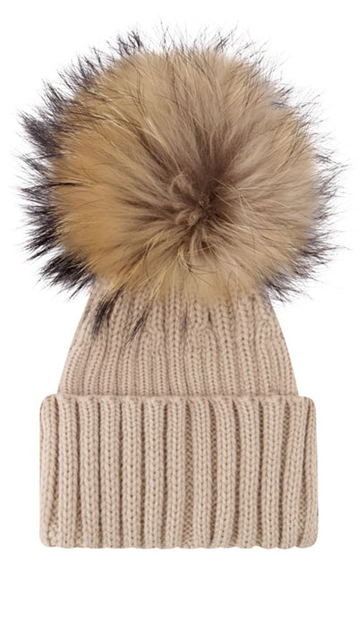 Infant Toddler Fur Pom Ribbed Wool Beanie Hat
