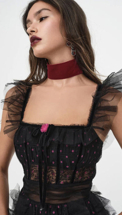 Flirty Aura Black Sheer Lace Ruffled Long Sleeve Tie-Front Top