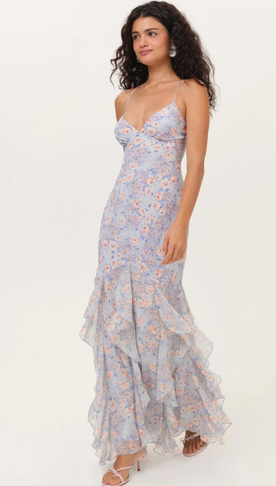 For Love & Lemons Elea Maxi Dress | Blue/Floral | Size XS