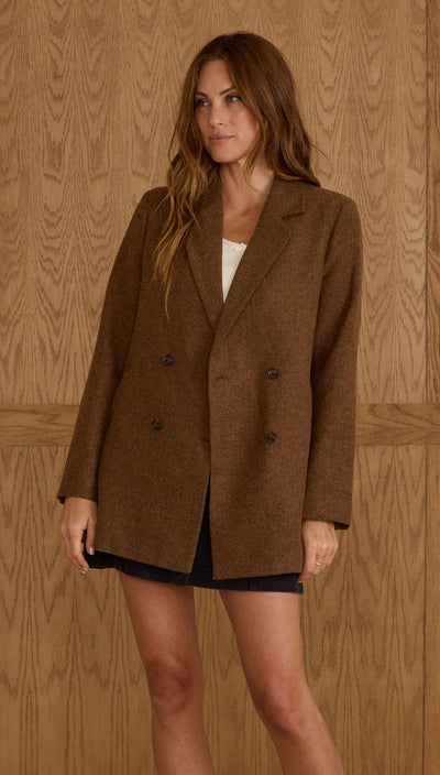 Woman wearing a brown blazer against a wooden paneled wallDouble Breasted Blazer | Rustic Plaid | Rylee + Cru