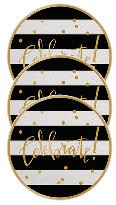Black + White Striped Gold Foil Celebrate Paper Coasters