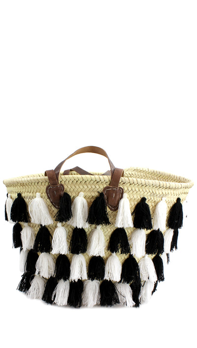 Straw Bag with Tassels — Black and White
