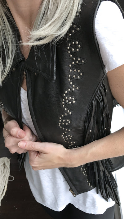 Vintage Gypsy Biker Black Leather Silver Studded Fringe Vest size XS
